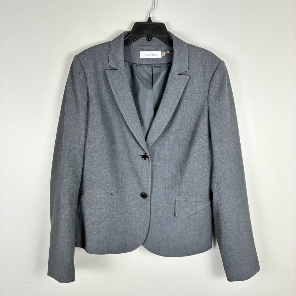 Calvin Klein Womens Gray Blazer Jacket Sz 12 Button Down Career Work Interview